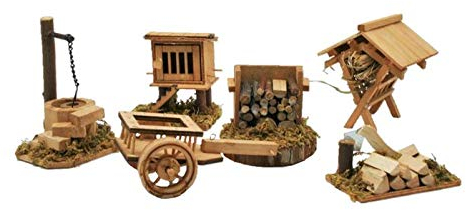 Unbekanntes Holz Zubehör in braun für Krippenset, 6-teilig, inkl. Brunnen/Holzstapel