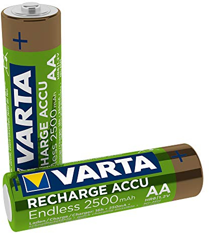 Varta Endless Energy - Pack de 2 Pilas AA Recargables (NiMH, 500 ciclos, 2500 mAh, precargadas)