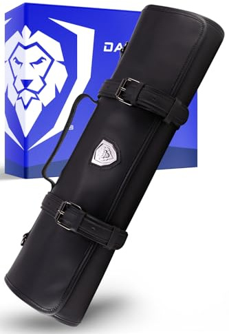 DALSTRONG - Vagabond Knife Roll Full & Top Grain Brazilian Leather Roll Bag - 16 Slots - Interior and Rear Zippered Pockets - Blade Travel Storage/Case (Midnight Black) - Large - Up to 20 Knives