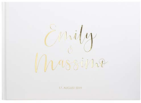 DeinWeddingshop Deluxe Hochzeitsgästebuch | Gästebuch zur Hochzeit personalisiert | Veredelung in Gold, Rosé-Gold, Silber oder Kupfer | A4 quer | Weiss, Inhalt blanko - weiße Seiten