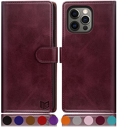 SUANPOT [RFID Schutz für iPhone 13 Pro 6,1-Zoll Hülle PU Leder Handyhülle Lederhülle Klapphülle Kartenfach Flip Cover für Apple 13 Pro Handy hülle Leather Wallet Phone Case Rotwein