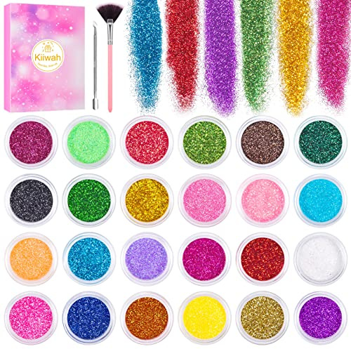 Kiiwah 24 färger glitter för naglar, glitterpulver nageldesign set nagel glitter fint glitterpulver med borste för gör-det-själv nagelkonst, ansikte, kropp, ögonskugga