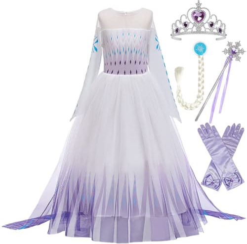 LOBTY Elsa 2 Kostüm kleid Eiskönigin 2 Prinzessin Kostümkleid mit Zubehör Geburtstagsfeier Cosplay Verkleidung Lila 150cm