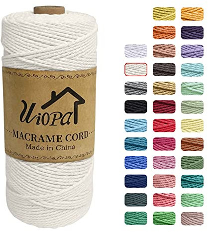 Uiopa Macrame Cuerda 2mm x 200m, Macrame Cuerda 3 Capas Hilo de Macrame, Cordón de Algodón Natural para Manualidades Envolver Regalo Decoración Bohemia