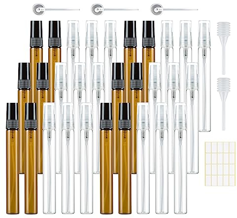 Kieswan 30 Stück 10ml Parfümzerstäuber Leer Sprühflasche Glas Klein zum Befüllen, Mini Pump Taschen ParfumFlakon Nachfüllbar Parfümproben für Reise Transparentes Bernstein mit Pipetten Presskopf