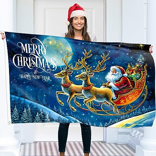Christmas Flag 5ft x 3ft with eyelets - Christmas Banner Santa Claus - Vivid Digital Print - 110Den Thick polyester - Double Seam