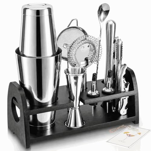 Semderm Boston Shaker Set, Weighted Cocktail Shaker & Mixology Bartender Kit - Heavy Duty 18/8 Stainless Steel Tins with Black Bamboo Stand - Includes Fine Mesh Strainer & Jigger