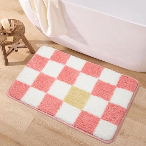McEu Badezimmerteppich rutschfest Waschbar 50 x 80 cm, Badteppich Absorbierende Badematte Schnelltrocknend, Badvorleger Weiche Mikrofaser mit Quadrat, Rosa