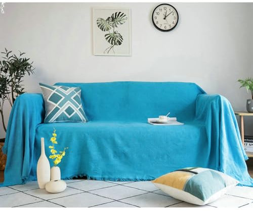 Ayoiow Sofahusse Schlafsofa Sofahusse Blau 2 Sitzer Sofabezug Polyester Einfarbiges Rautenmuster