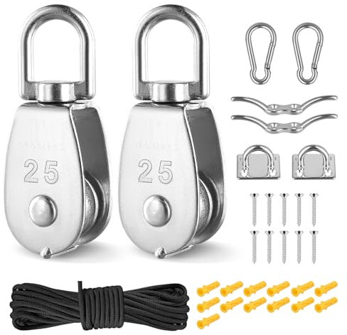 M25 Crane Pulley Block Set, 304 Stainless Steel 360° Swivel Pulley Block Single Wheel Pulley System with 20m/4mm Nylon Line Rope-150kg/330lbs Loading, Carabiner Hook Clips, Cleat Hooks & Eye Pad Plate