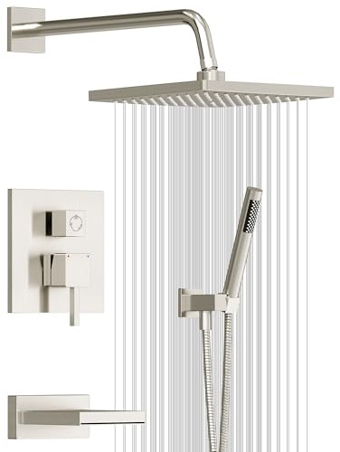 Esnbia Shower System with Tub Spout, Wall Mounted Bathtub Shower Faucet Set, 10 Inch Rain Shower Head and Handheld Shower Head Set, High Pressure Tub Shower Kit with Shower Valve, Brushed Nickel