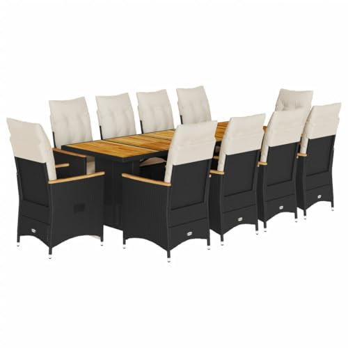 vidaXL Garten Bistroset 11-TLG., Balkonset mit Kissen, Gartenmöbel Tisch 10 Verstellbare Stühle, Balkonmöbel Sitzgruppe Gartengarnitur, Schwarz Poly Rattan