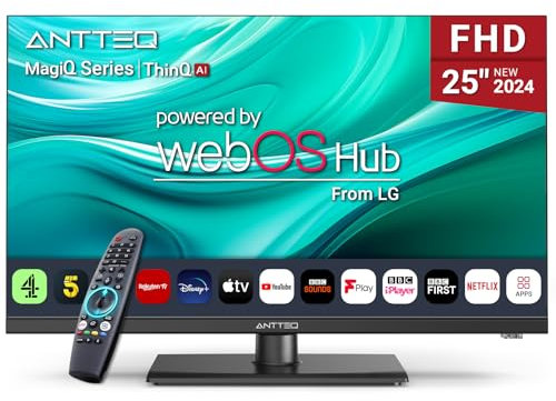 Antteq 25 Inch Smart TV, WebOS FHD TV MagiQ 25 with ThinQ AI Voice Magic Remote, BBC Freeview Netflix YouTube Airplay WiFi 2024 Black Televisions