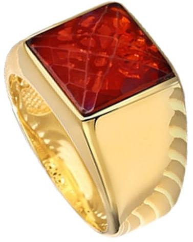 Red Cubic Zircon Natural 12MM Gemstone Ring, Signet Ring, Mens Giftable Ring, 18K Gold Over 925 Sterling Silver Ring, Anniversary Birthday Gifts for Husband (red-cubic-zircon (yellow)