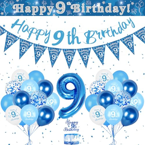 9. Geburtstag Jungen Luftballon, Riesen Folienballon 9 Blau, Happy Birthday Girlande Banner, Deko 9 Geburtstag Jungen