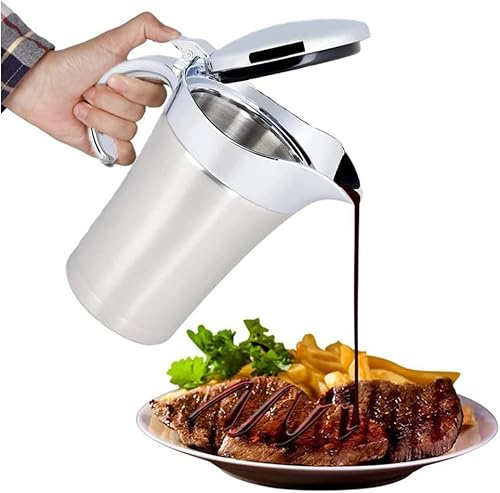 Insulated Gravy Boat, Stainless Steel Gravy Boat Thermal Sauce Jug, Premium 304 Stainless Steel with Double Wall Vacuum Insulation,450ml Large Capacity with Drip-Free Lid & Ergonomic Handle
