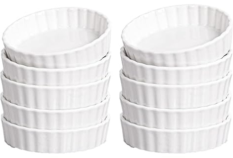 10 PCS 8 oz-Delling Creme Brulee Ramekins, Round Fluted Quiche Dishes Tart Pan, Oven Safe Ramekins for Baking, Souffle,Set of 10,White