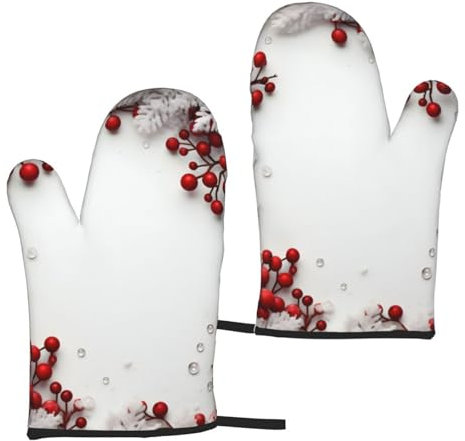 Weihnachtsdekor mit roten Stechpalmen und Schneeflocken auf weißem Hintergrund, Ofenhandschuhe und Topflappen mit weihnachtlichen roten Stechpalmen und Schneeflocken auf weißem Hintergrund, Plätzchenb