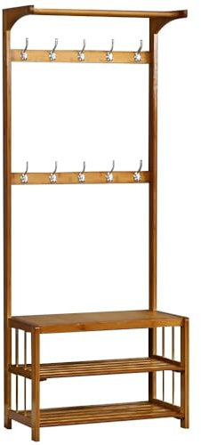 Bambusgarderobe mit Schuhaufbewahrung und abnehmbaren Haken, freistehender Flurbaum für Eingangsbereich und Wohnzimmer, Hellbraun
