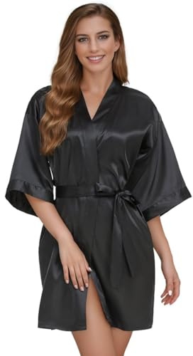 flintronic Dam satäng kimono rock, lätt lyxig morgonrock, kort nattlinne brudrock med 3/4-ärm, morgonrock med sned V-ringad, för spa/hotell/myskläder nattkläder, Långsvart, XL