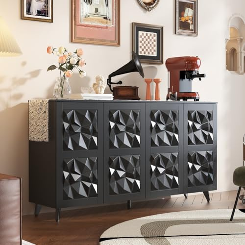 Caldion Modernes Sideboard mit 4 Türen,Pop-up Design,Buffetschrank mit 4 Einlegeboden,Wohnzimmerschrank mit 5 Beinen,Küchenbuffet mit geometrischem Design,160x40x85cm,Schwarz