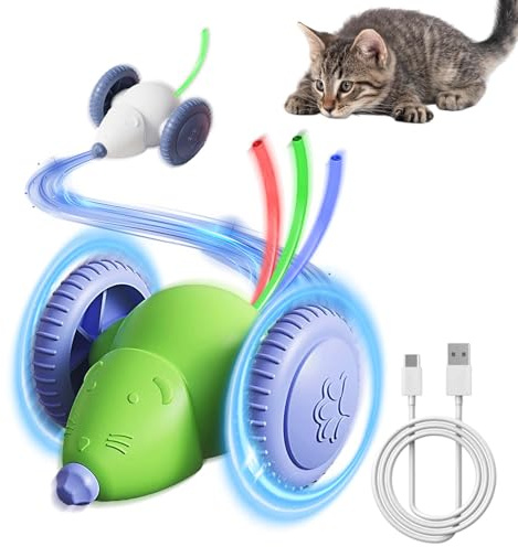 Wenosda Interaktives Katzenspielzeug Elektrisch, 2 Stück Katzenspielzeug Maus Elektrisch, Spielzeugmäuse für Katzen, USB Wiederaufladbar, Geschenke für Katzen（Grün und weiß）