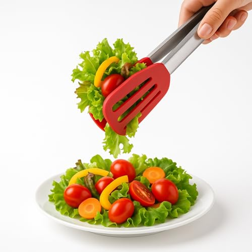 CHEFZOCO Pinzas de cocina, Pinzas de barbacoa, Pinzas para cocinar, Material acero inoxidable con silicona, Aptas para alimentos, Pinza Ensalada, Libre de BPA, Rojo