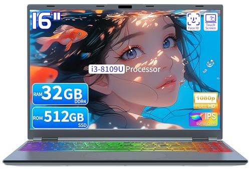 OMSERVB 16 Touch Screen Laptop, i3-8109U, 32GB RAM, 512GB SSD, RGB Backlit Keyboard, Face & Fingerprint Recognition, 180 Degree Opening and Closing, Win 11 Pro(32GB RAM | 512GB SSD)