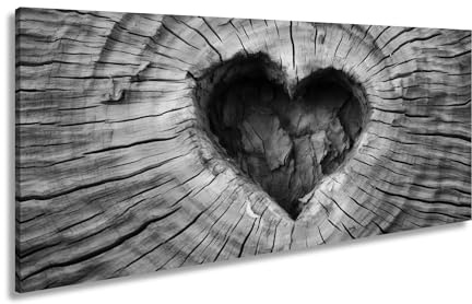 Leinwandbild Natürliches Herz – gewachsen im Stamm der Zeit. Panorama 60x30cm Effekt: Schwarz&Weiß XXL Kunstdruck Bild auf Keilrahmen/Wandbild/Wohnzimmer Dekoration