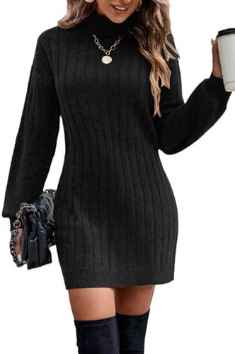 ELFIN Robe en Tricot Femme Col roulé Manches Bouffantes Robes d'hiver élégante Manches Longues Pull en Tricot Mini Robe