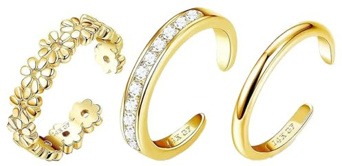 ZYMJBB Gold Filled Toe Rings for Women Non Tarnish 3Pcs, 14K Gold Filled Toe Ring Adjustable Flower Cz Dainty Toe Ring Summer Beach Boho Foot Jewelry for Vacation, Pool, Yoga