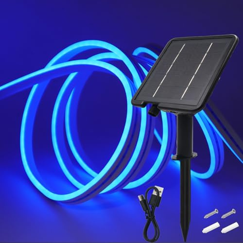 Wisada 24V Solar Neon Band,Solarbetriebene 8 Modi SMD2835 LED Stripe，Cuttable 5cm,120LEDs/m Flex Neon LED Streifen für Terrasse, Innenhof(Blau,5m)