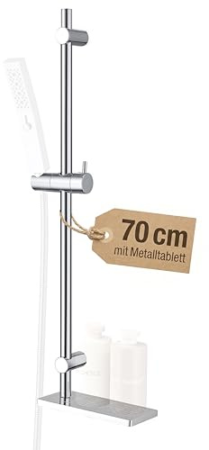 Hardivalue Duschstange aus Metall, 70 cm, mit Ablage | Höhen- und neigungsverstellbarer Gleiter, Halterungen bis 65 cm an vorhandene Bohrlöcher anpassbar, verchromt