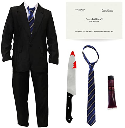 Patrick Bateman Kostüm für Erwachsene, Größe XXL, schwarzer Anzug + blaue Krawatte + blutiges Messer + Visitenkarte + Kunstblut – American Psycho Character Halloween Kostüm