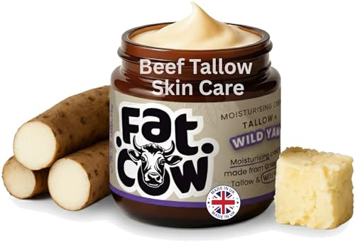 Fat Cow Beef Tallow Cream – Grass-Fed Whipped Tallow Moisturizer with Wild Yam & Jojoba Oil, Fragrance-Free Face & Body Cream for Dry or Sensitive Skin, 60ml