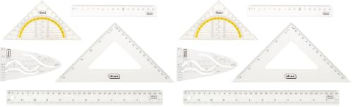Idena 22923 - Geometrie-Set 6-teilig mit 2 Linealen, Zeichendreieck, Parabel, Geo-Dreieck und abheftbarer Aufbewahrungsmappe, transparent, aus Kunststoff (Packung mit 2)
