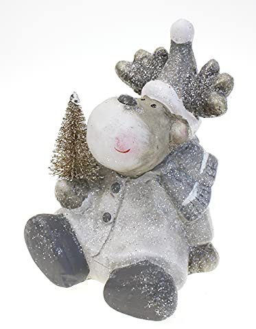 TEMPELWELT Deko Figur Rentier Elch 13 cm, Keramik grau braun weiß Glitzer, lustige Dekofigur Elch Rentierfigur mit Tanne Winterdeko Weihnachtsdeko