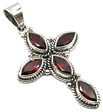 UNIQUE Damen Kettenanhänger 925 Sterling Silber echter roter Granat 12.5 Karat Silberanhänger Kreuz Juweliers- Qualität
