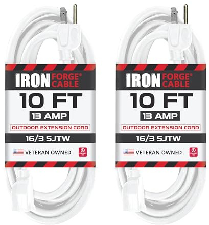 Iron Forge Cable Weatherproof 2 Pack 10 Ft Outdoor Extension Cord - 16/3 SJTW Heavy Duty White Extension Cord 3 Prong - 13 Amp Exterior Power Cable