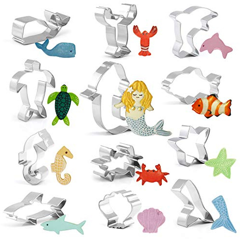 GWHOLE 12Pcs Sea Creature Cookie Cutters Variety Pack, Stainless Steel Ocean Animal Mermaid Cookie and Fondant Cutters for Kids Birthday Holiday Themed Party, Include Fish, Turtle, Shark, Seashell