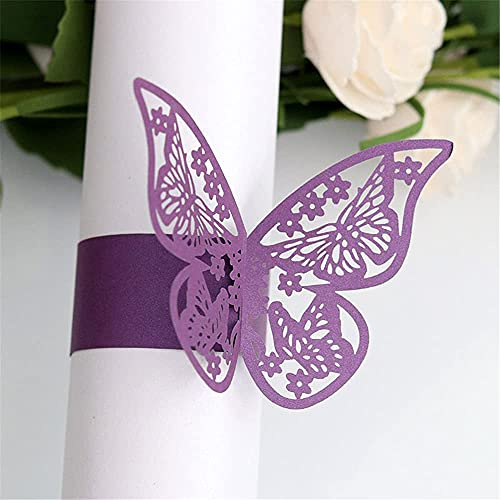 Lavandi 100pcs 3D Butterfly Paper Napkin Rings Weddings Party Serviette Table Decoration Restaurant (Purple)