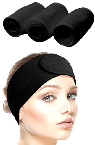 Queta Haarband für Make Up, Kosmetik Stirnband Frottee, verstellbare Haarschutzband mit Klettverschluss 3pcs (Schwarz)