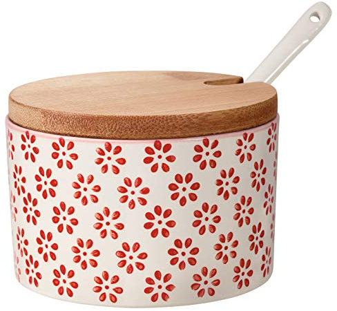 Bloomingville Salztopf mit Deckel und Löffel Susie Retro Zuckerdose Vintage Topf für Marmelade Ø 10 cm, rot, Keramik, fasst ca. 250 ml