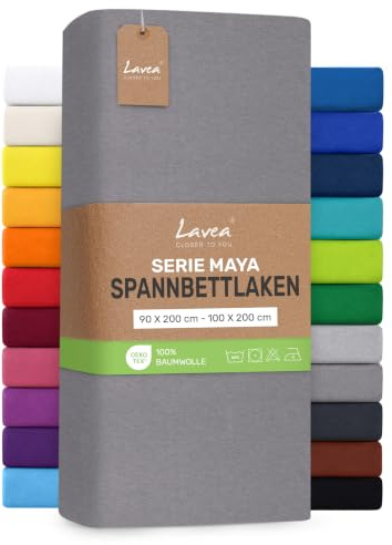 Lavea® Spannbettlaken 90x200cm - 100x200cm - Mittelgrau | Maya, 100% Jersey Baumwolle – Weiches Spannbetttuch mit Rundumgummi, atmungsaktives Bettlaken für Matratzen bis 20 cm