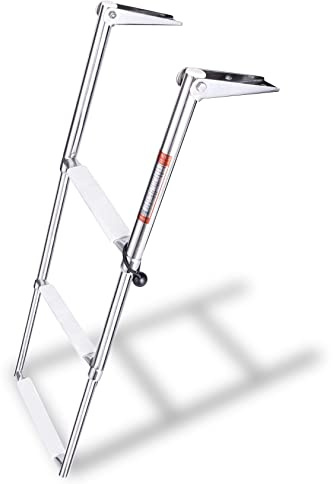 YOUNG MARINE 3 Steps Stainless Steel Drop Down Telescopic and Folding Boat Ladder with White Plastic Footboard,Over Platform Mounting