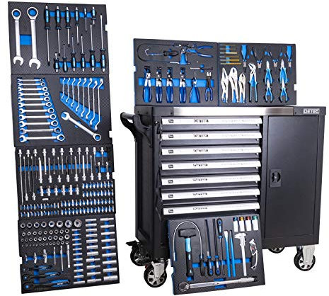DeTec. XXL Werkstattwagen 1077 Heavy Duty | Werkzeugwagen bestückt mit Werkzeug in Schaumstoff Systemeinleger | Werkzeugkiste mit Rollen komplett gefüllt in schwarz