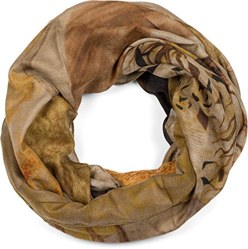 styleBREAKER Sciarpa Loop da donna con stampa di cervo e suddivisione geometrica, sciarpa tubolare multicolore, foulard 01017131, colore:Marrone-Beige