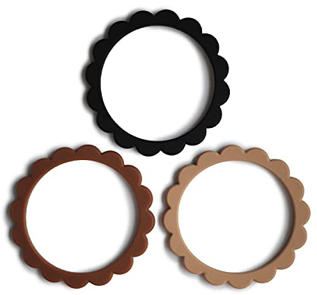 Mushie Blumen Beißringarmbänder | Zahnungshilfe für Kinder | 3er-Pack | Sichere & Hochwertige für Baby, Kleinkinder Kinder Jungs & Mädchen | Black/Natural/Caramel