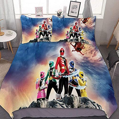 NICHIYOBI Power Rangers Bettbezug Bettwäsche Set - Bettbezug und Kissenbezug,Mikrofaser,3D Digital Print dreiteiliger Bettwäsche (2,135x200cm+ 80x80cmx2)
