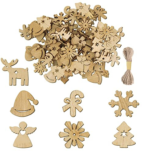 EKKONG Kleine Anhänger - 100 Stück Holz, Weihnachts- & Christbaumanhänger mit Hanfseil, DIY Basteln für Weihnachtsdeko